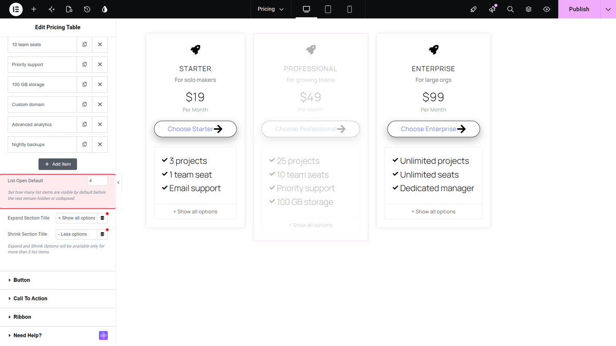 How to Add Show More Button for Features in Elementor Pricing Table? List open default set to 4 in the description section, with the middle card showing four features and a show all options link