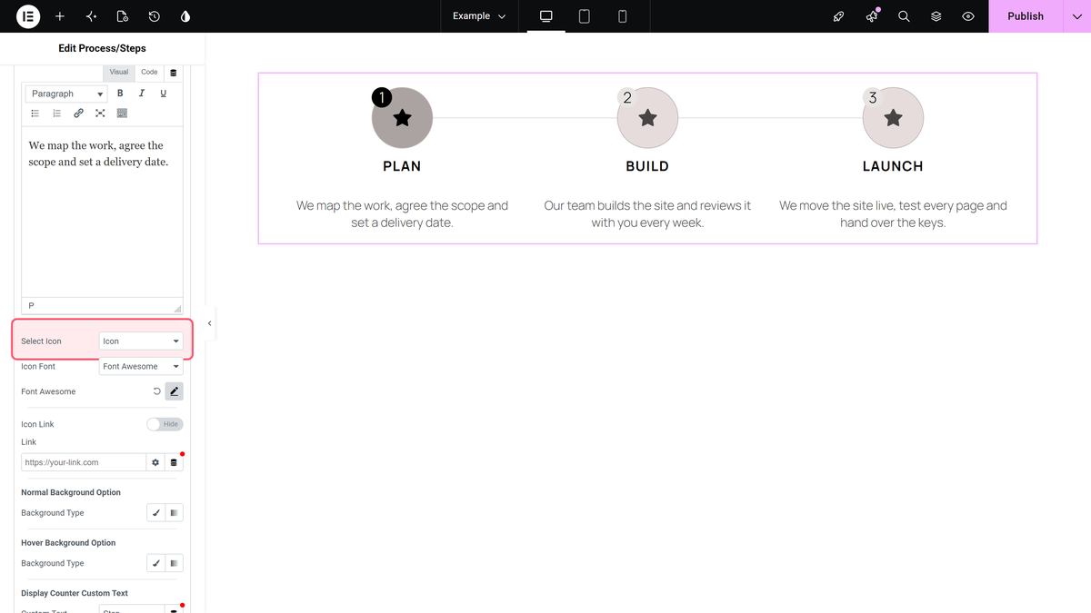 How to Add Process Steps in Elementor? (Vertical & Horizontal) A process/steps repeater item opened, showing title, description and the select icon dropdown.