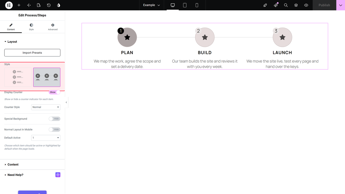 How to Add Process Steps in Elementor? (Vertical & Horizontal) The layout section of the process steps widget, with the style choice highlighted.