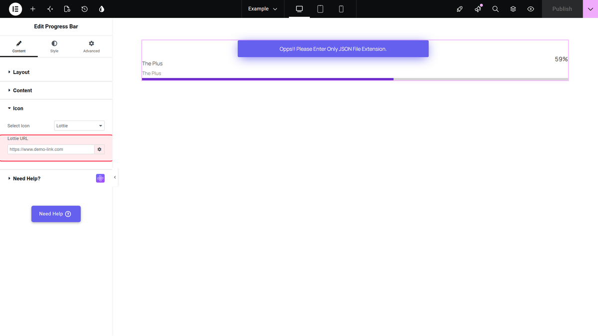 How To Add Lottie Animation In Progress Bar Elementor? Lottie url field with a lottie json link pasted in