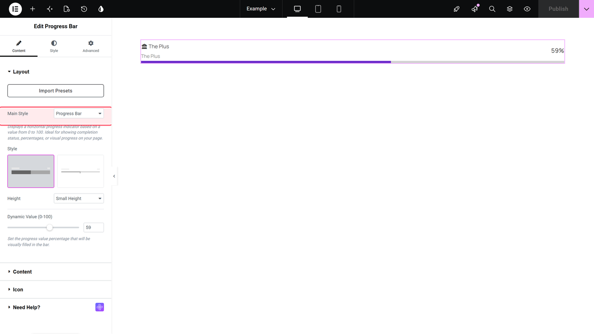 How to Add Progress Bar in Elementor WordPress? Main style control set to progress bar