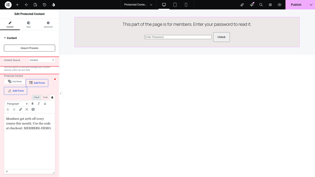 Protected Content Widget: Settings Overview Content source set to content, with the protected content editor below it