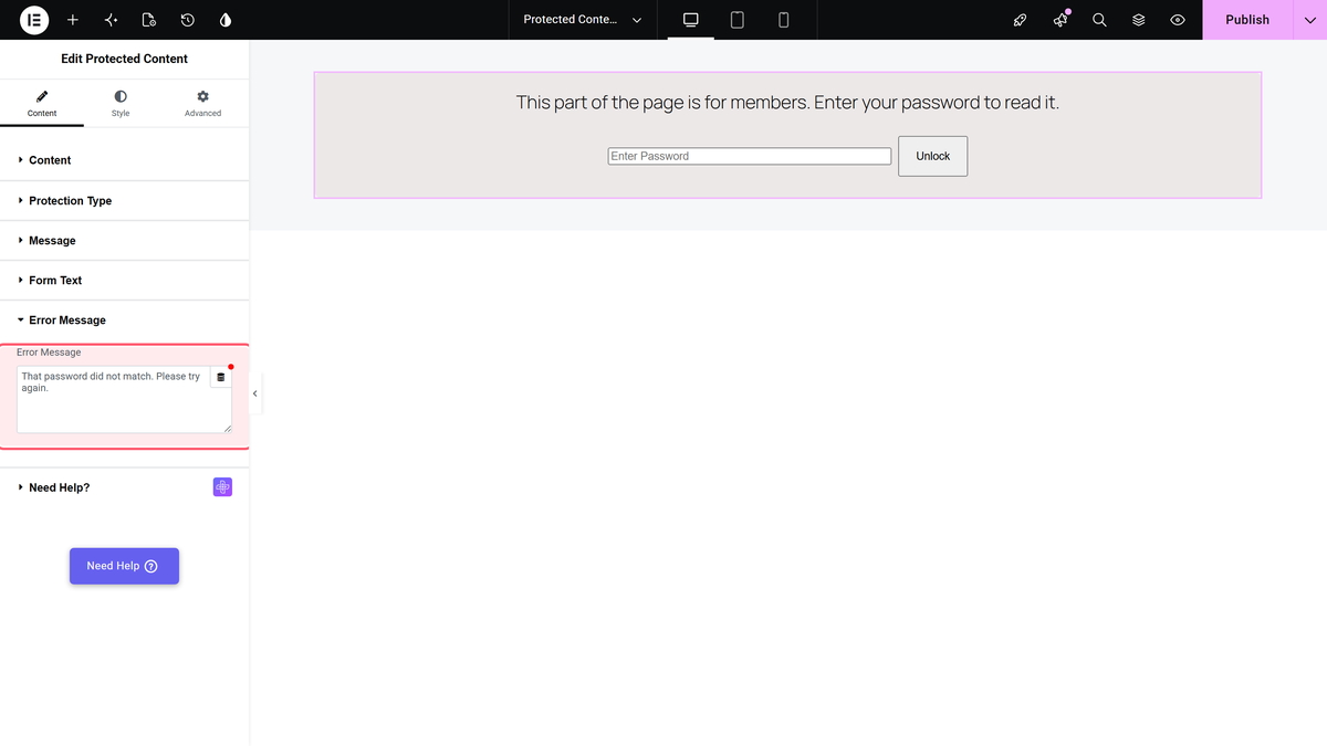 Protected Content Widget: Settings Overview The error message section with its default text