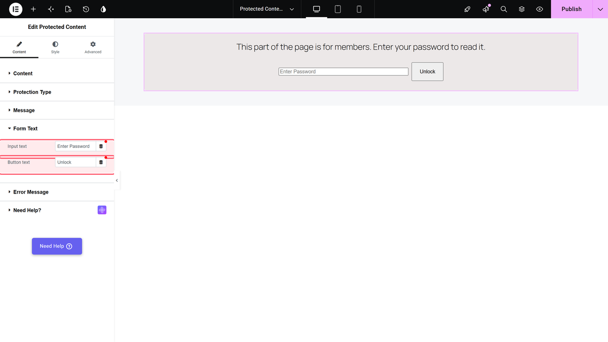 Protected Content Widget: Settings Overview The form text section with the input text and button text fields