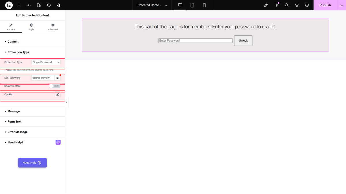 Protected Content Widget: Settings Overview Protection type set to single password, with set password, show content and cookie below it