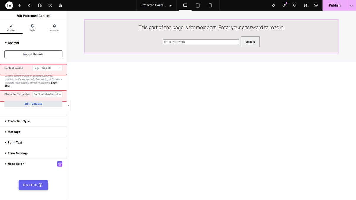 How to Make a Page Password Protected in Elementor? Content source set to page template with the saved page template chosen