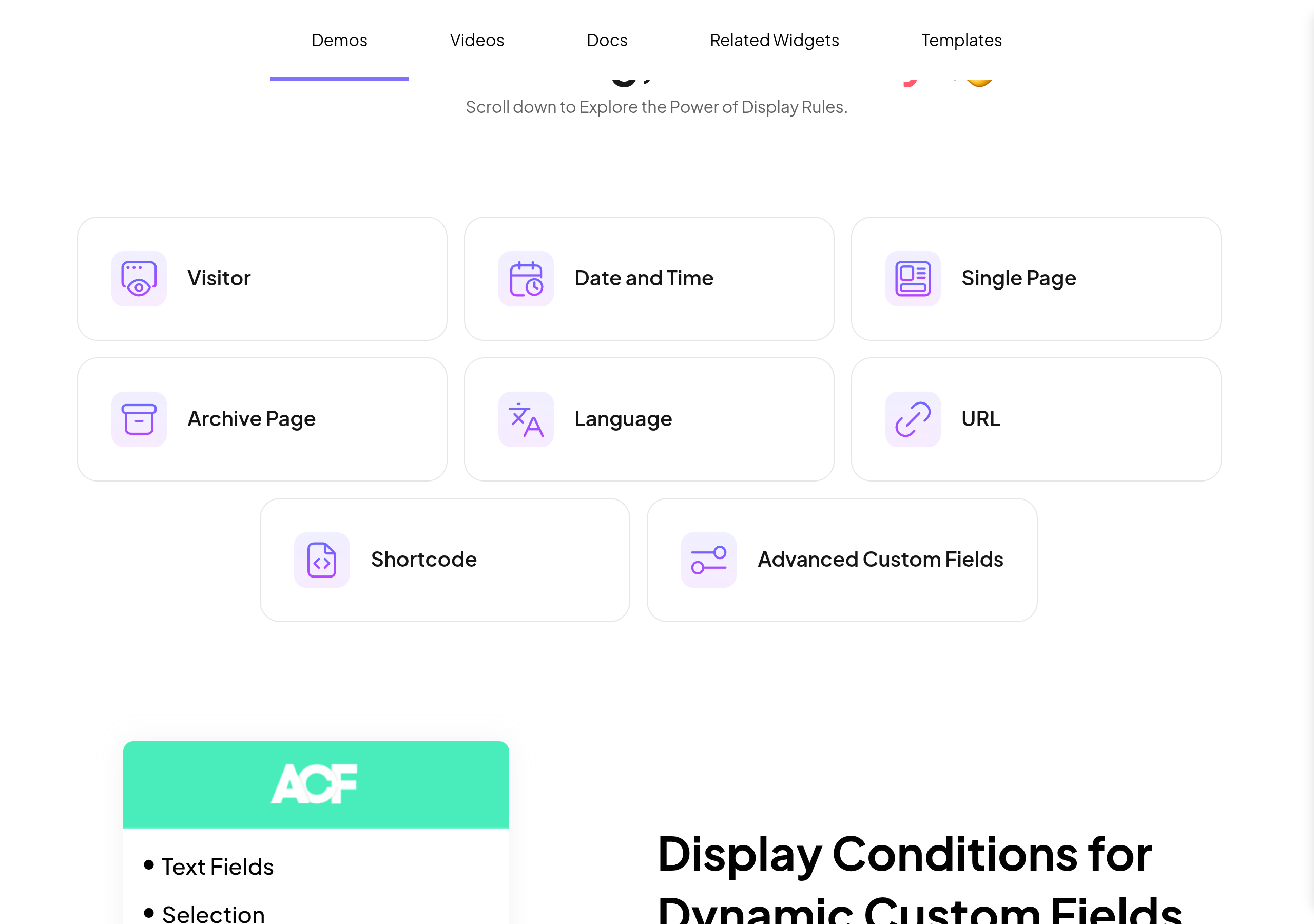 Display conditions rule categories in elementor including visitor, date and time, single page, archive page, language, url, shortcode, and advanced custom fields