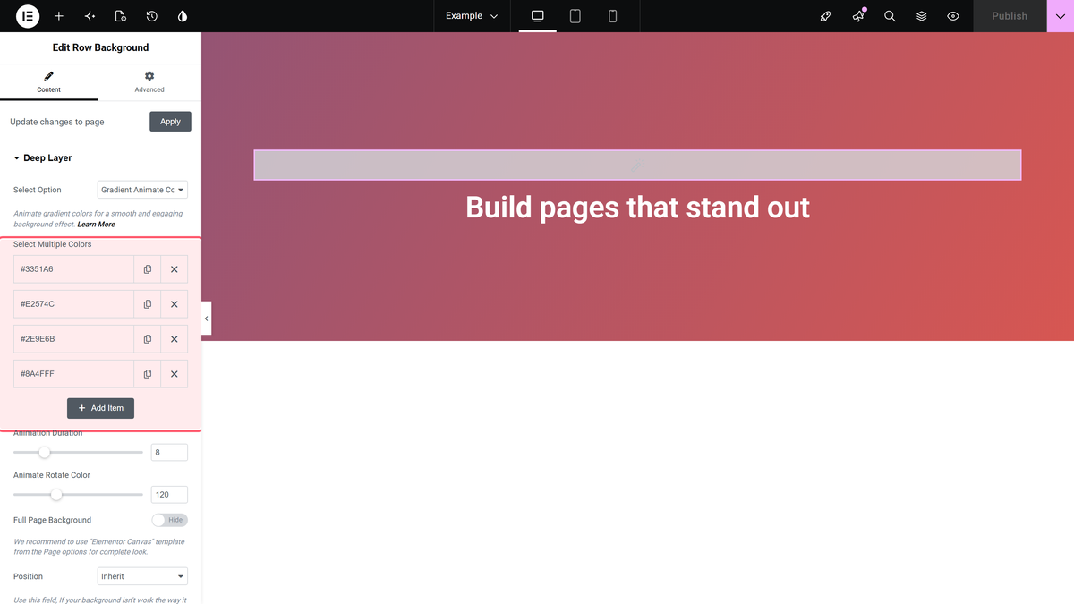 How to Add an Animated Gradient Background in Elementor? The colour list of a gradient animate color deep layer with the gradient on the canvas