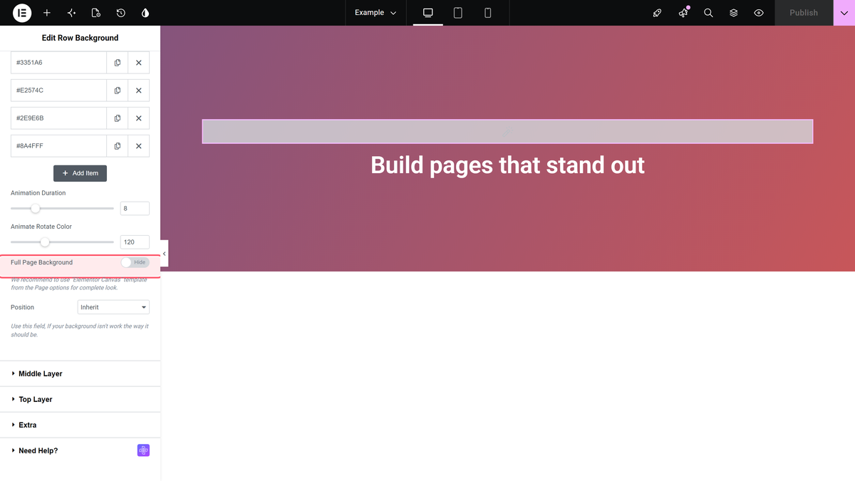 How to Add an Animated Gradient Background in Elementor? The full page background switch and position dropdown of the animated gradient