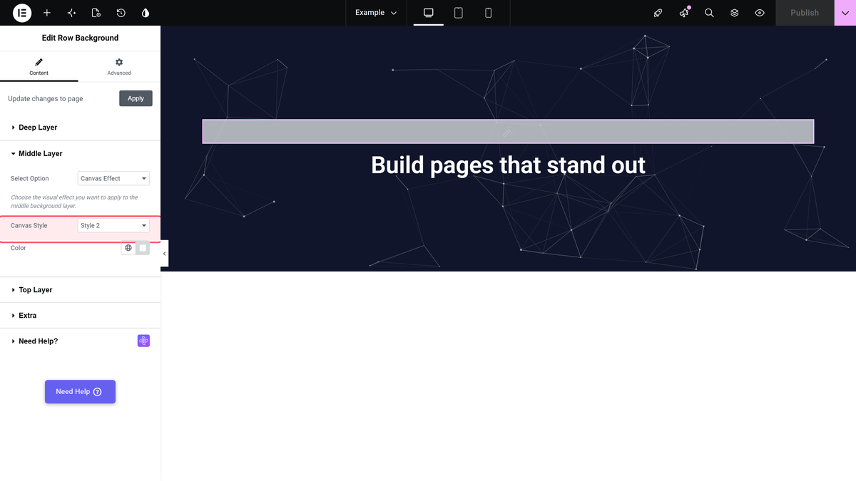 How to Add an Elementor Particle Background? The canvas style dropdown of a canvas effect middle layer with particles on the canvas