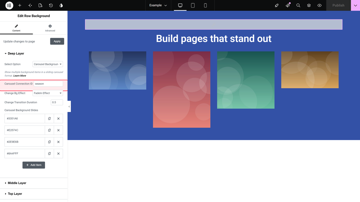 How to Change Carousel Background On Slide Change in Elementor? The carousel connection id field of a carousel background deep layer next to the gallery carousel