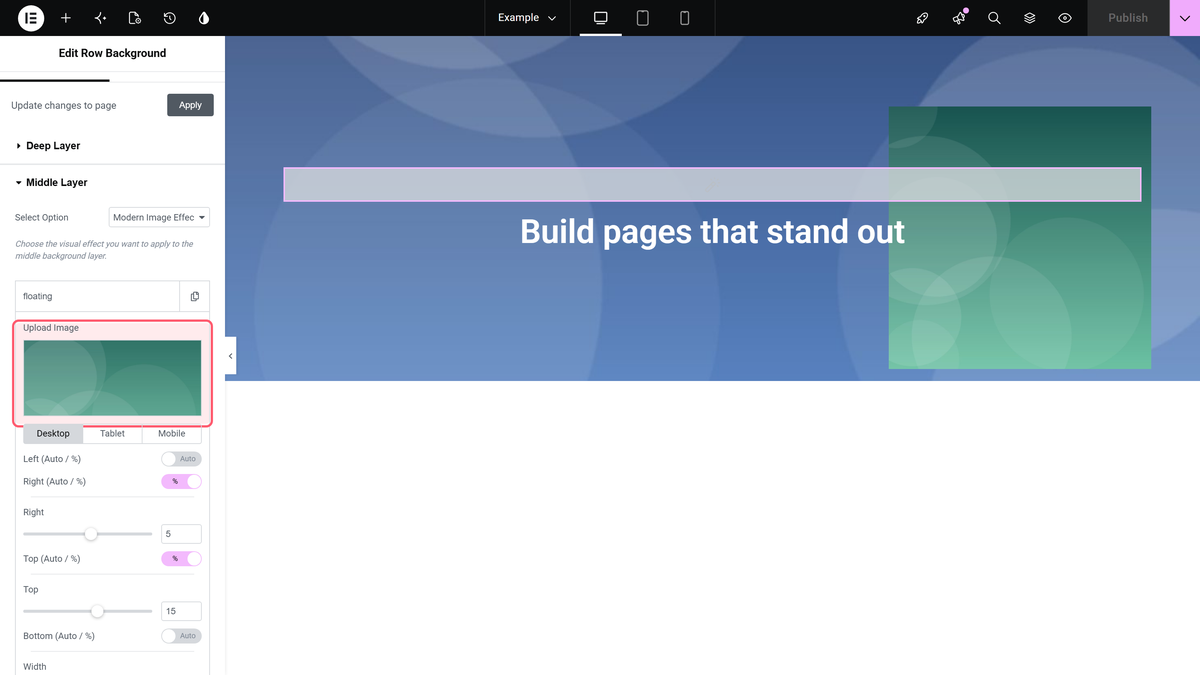 How to Add Background Image Scrolling Effect in Elementor? The upload image field of a modern image effect item with the image placed on the canvas