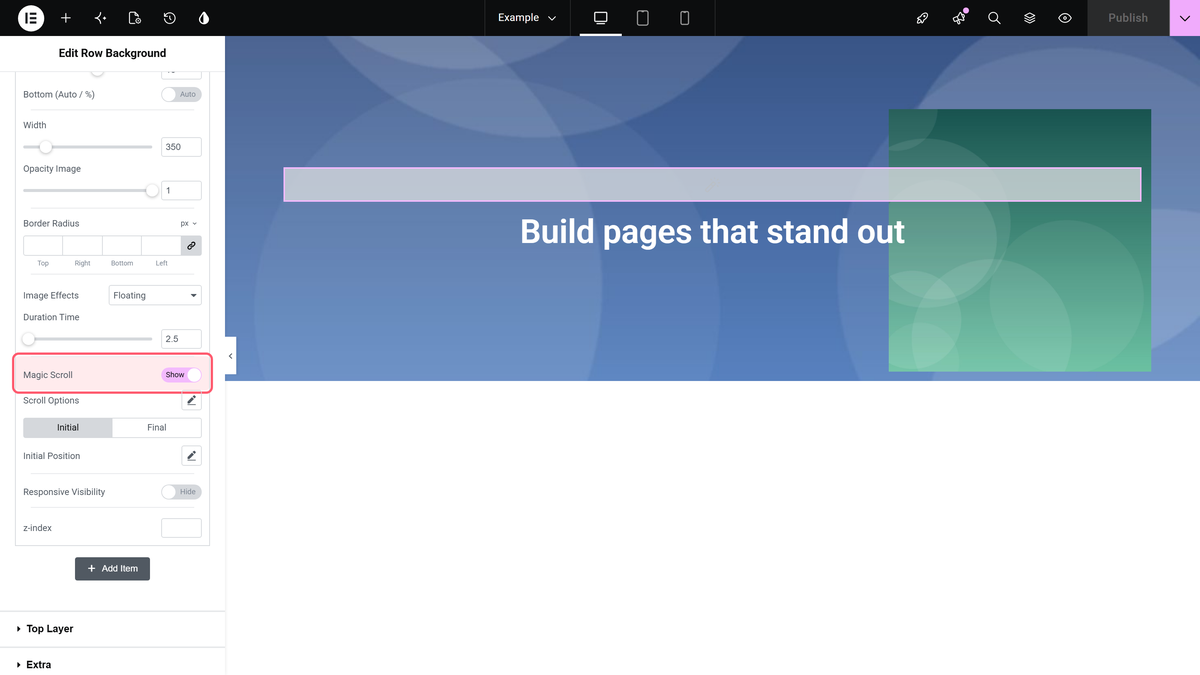 How to Add Background Image Scrolling Effect in Elementor? The magic scroll switch with scroll options and the initial and final tabs of the image item