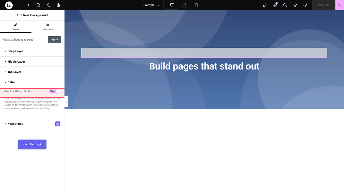 How to Create a Multi Layer Elementor Background? The overflow hidden section switch in the extra section of the row background widget