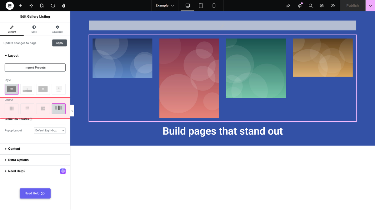 How to Change Carousel Background On Slide Change in Elementor? The carousel layout selected in the layout section of the gallery listing widget