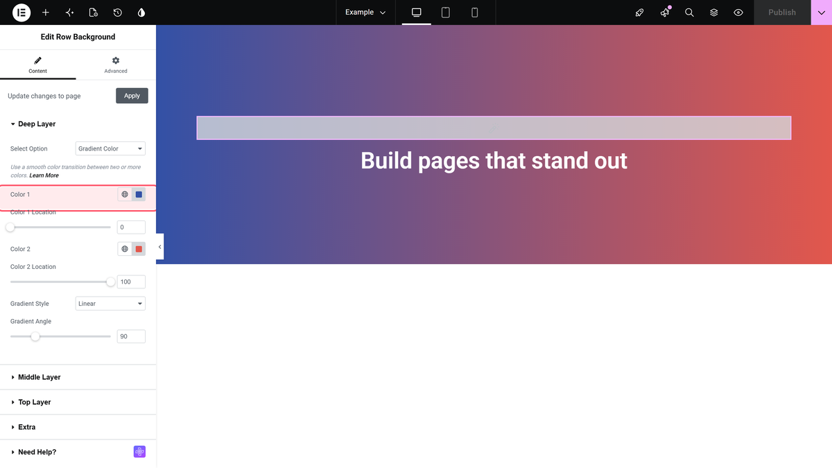 How to Add Gradient Background in Elementor? Color 1 and color 2 settings of a gradient color deep layer with the gradient on the canvas