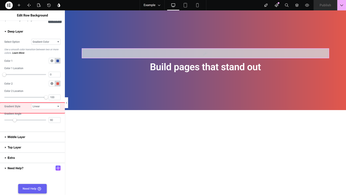 How to Add Gradient Background in Elementor? The gradient style dropdown and gradient angle slider for a linear gradient