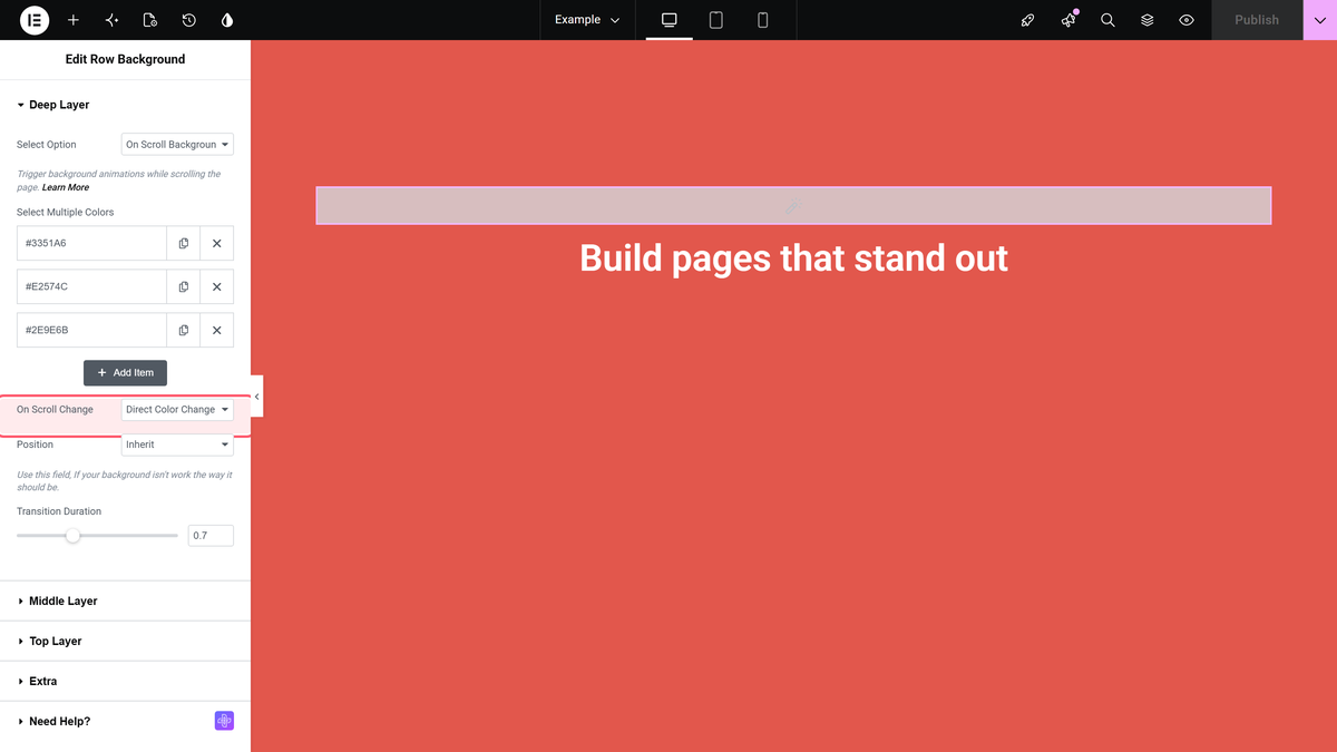 How to Change Background On Scroll in Elementor? The on scroll change dropdown and transition duration slider