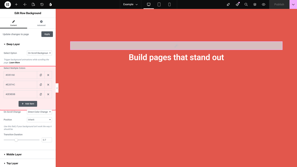 How to Change Background On Scroll in Elementor? The select multiple colors list of an on scroll background animation deep layer
