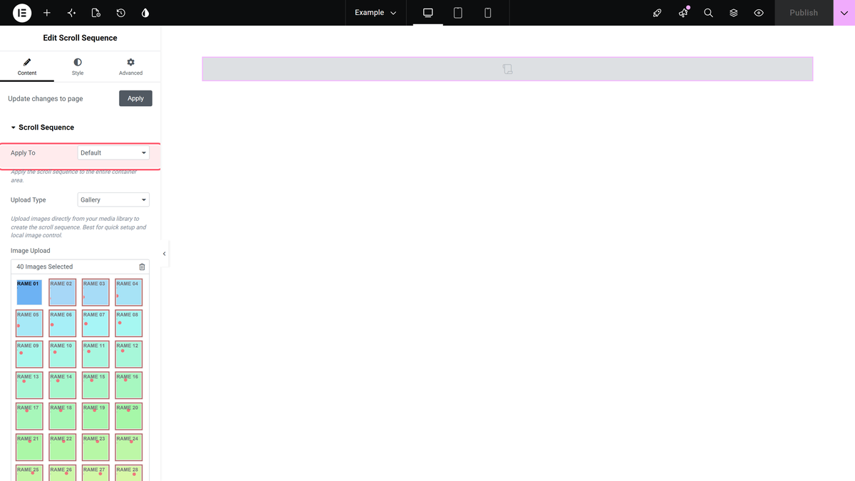 The elementor panel with apply to, upload type and image upload in the scroll sequence section