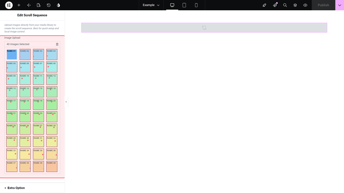 The image upload gallery control filled with forty numbered sequence frames