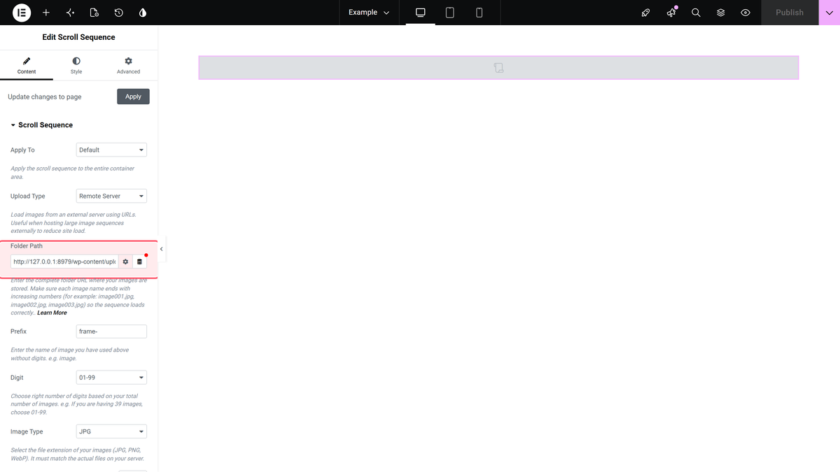 The remote server fields: folder path, prefix, digit and image type