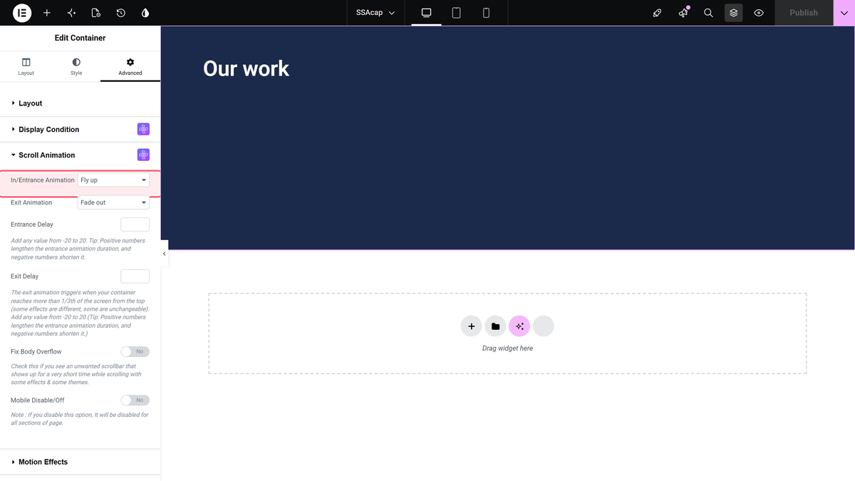 Section Scroll Animation: Settings Overview A container selected, advanced tab, scroll animation section, with in/entrance animation highlighted.
