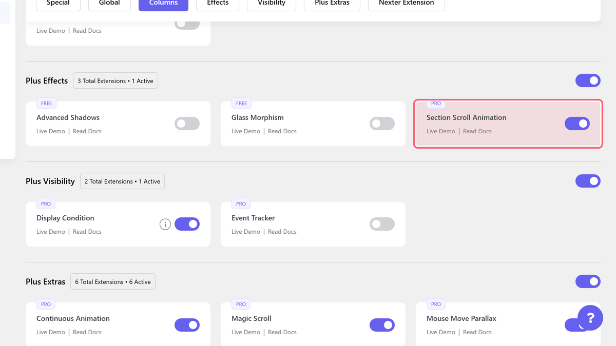 Section Scroll Animation: Settings Overview The plus addons > settings > extensions, with the section scroll animation toggle switched on.