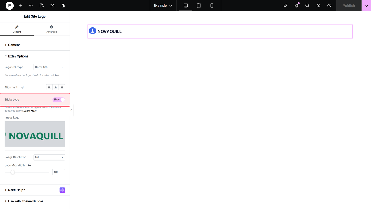 Turn on sticky logo in extra options to reveal the sticky image logo and its logo max width.