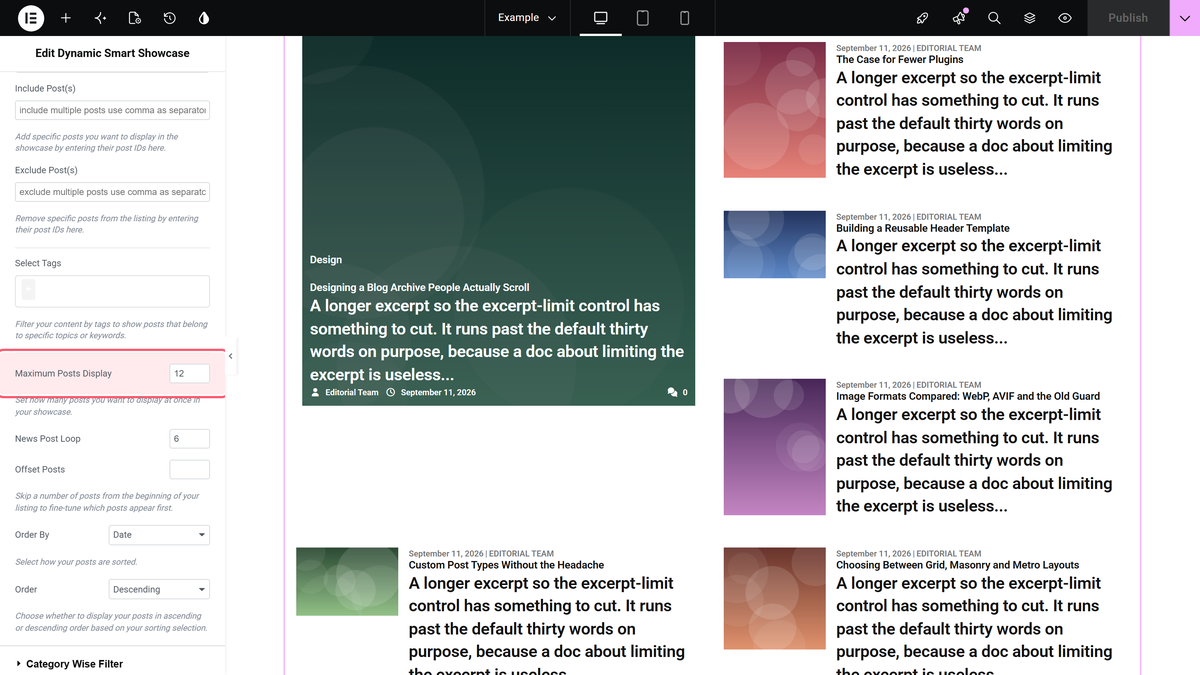 Maximum posts display in the content source section with the post grid on the canvas