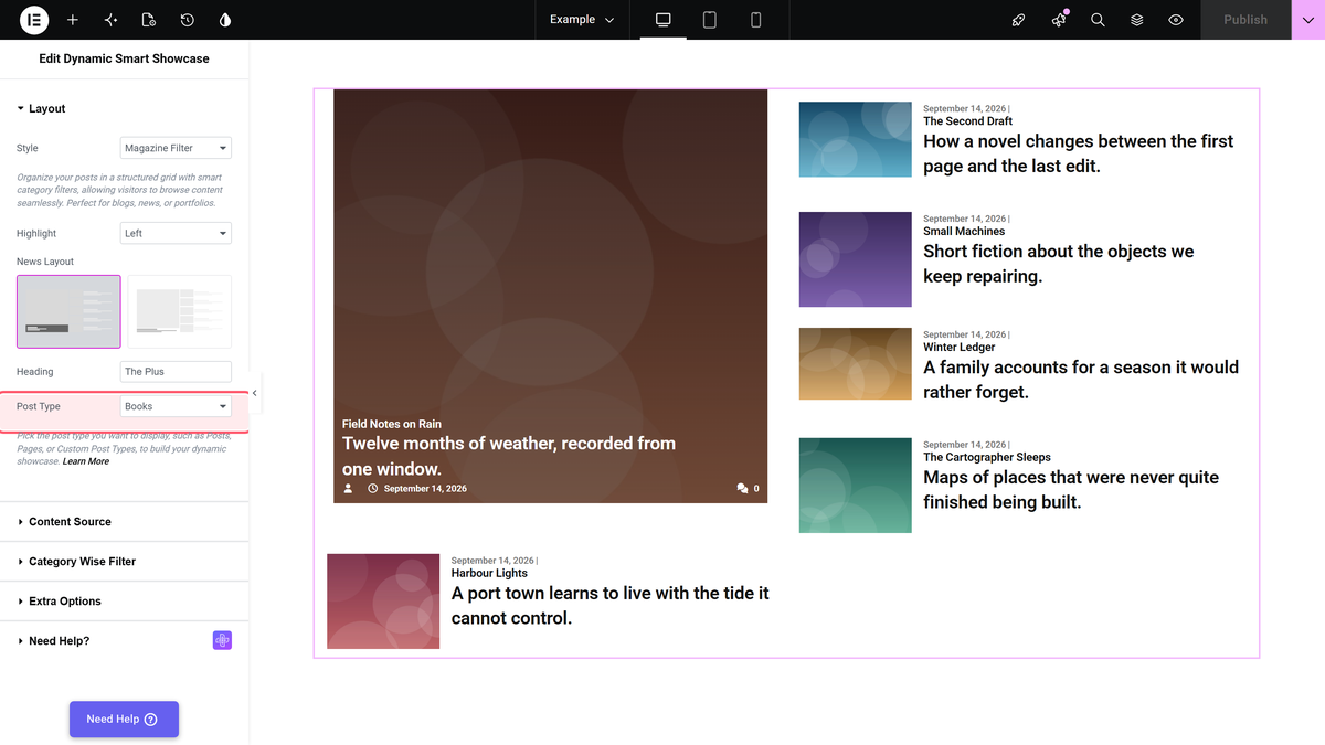 How to Create a Custom Post Grid Layout with Dynamic CPTs in Elementor? Post type dropdown in the layout section set to books, with the book entries on the canvas