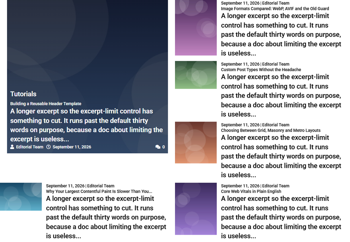 Front-end post grid whose highlighted card is building a reusable header template, with neither of the two excluded posts present