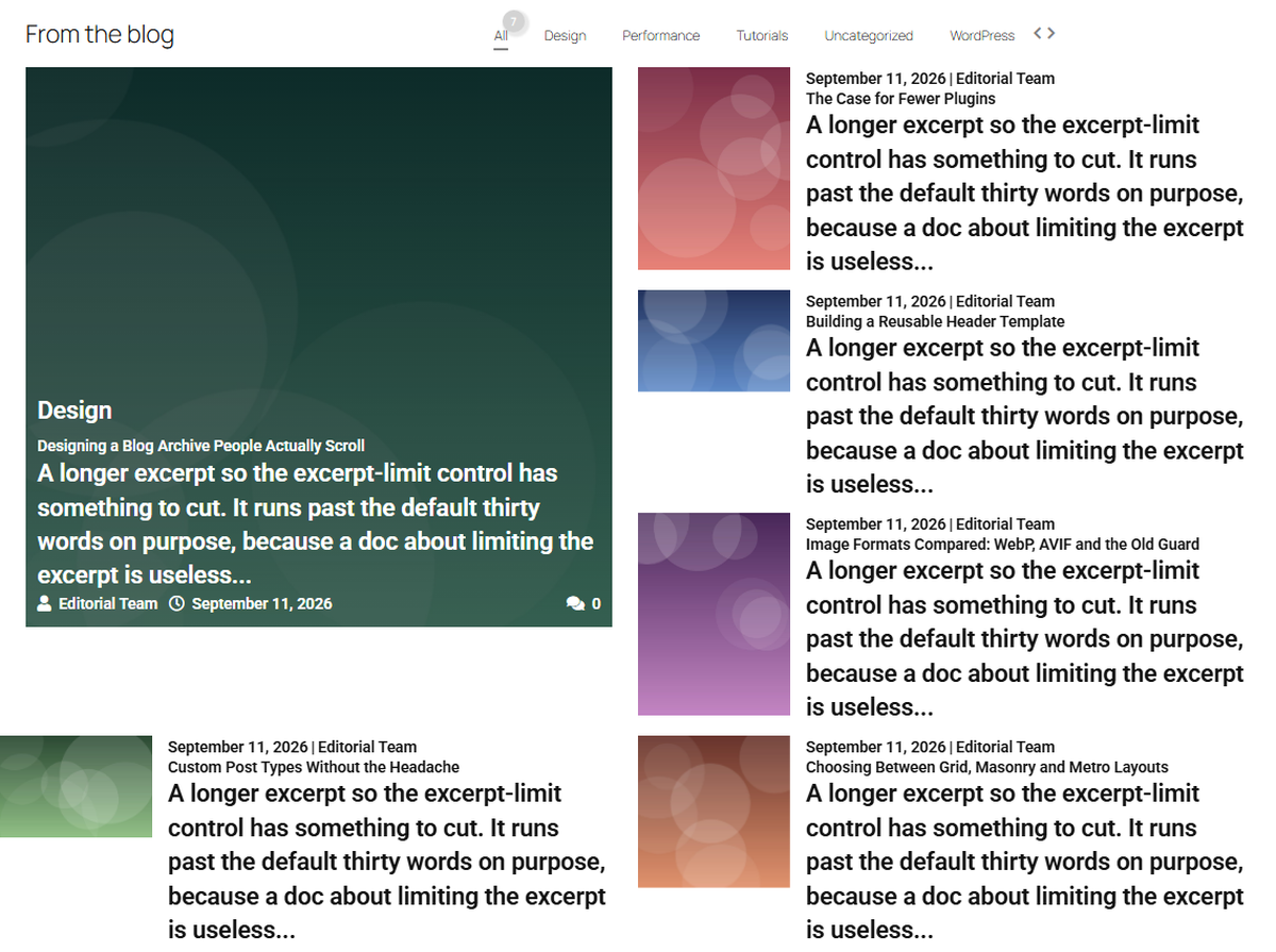 How to Add a Category Wise Filter in Custom Post Grid Layout in Elementor? Front-end post grid with a from the blog heading and all, design, performance, tutorials, uncategorized and wordpress filter buttons above the cards