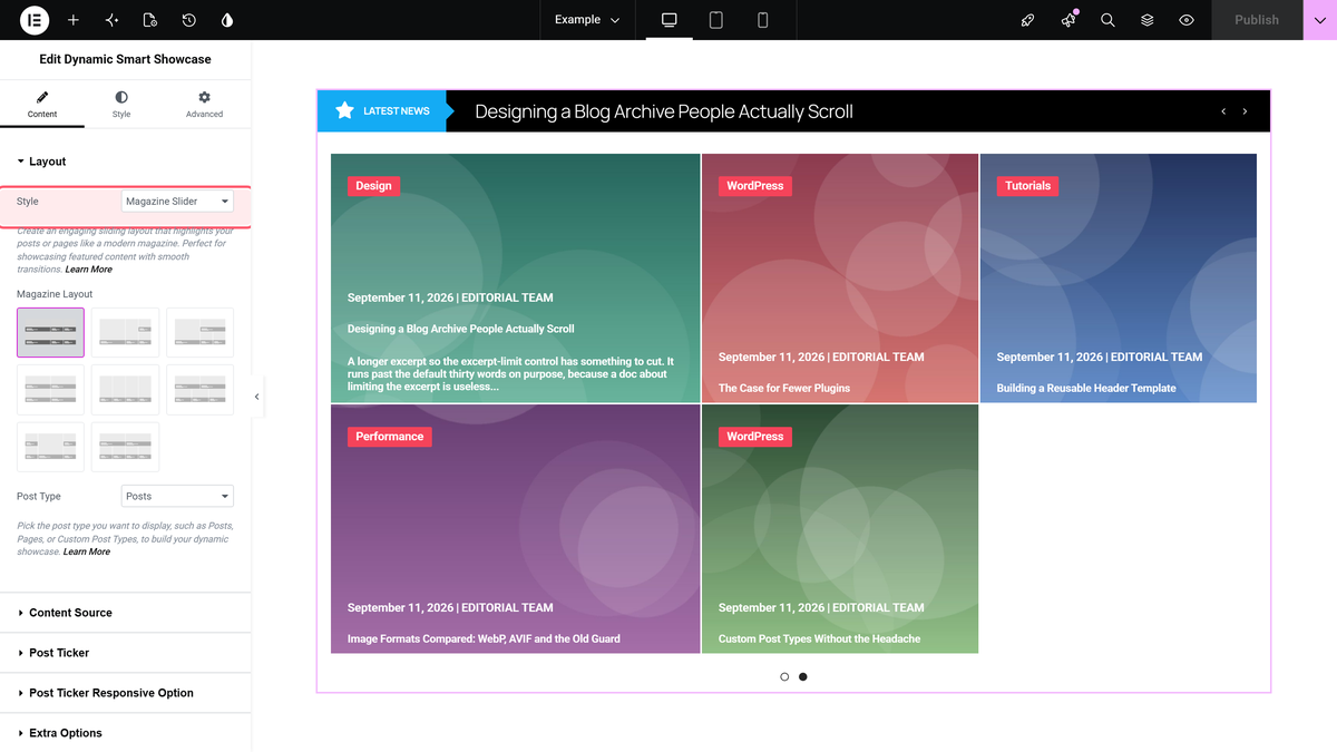 Style dropdown in the layout section set to magazine slider, with the magazine layout picture choices below it