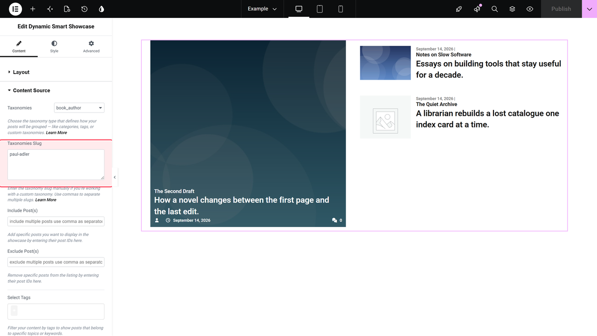 How to Show Custom Posts Based on Custom Taxonomy in Custom Post Grid Layout? Taxonomies set to book_author and taxonomies slug set to paul-adler in the content source section