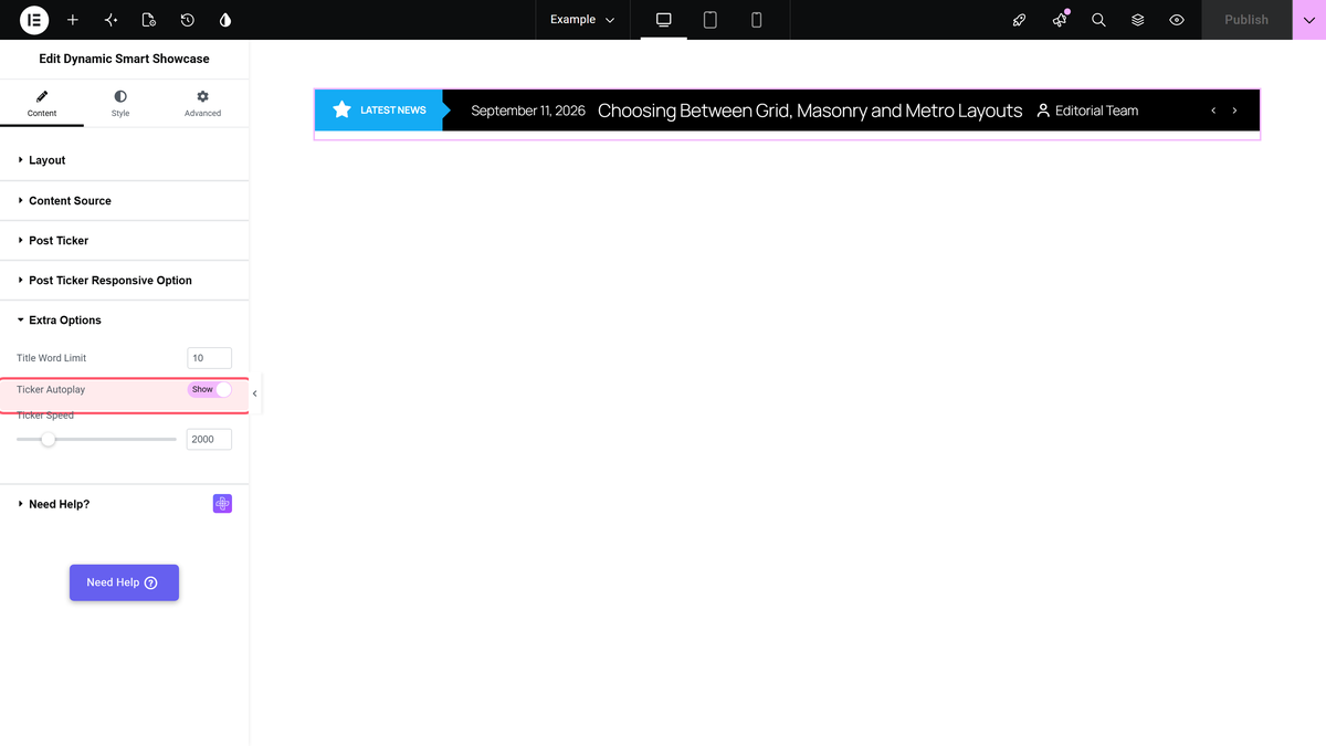 How to Create a News Ticker in Elementor From Any Posts? Ticker autoplay switched on in extra options with the ticker speed slider below it