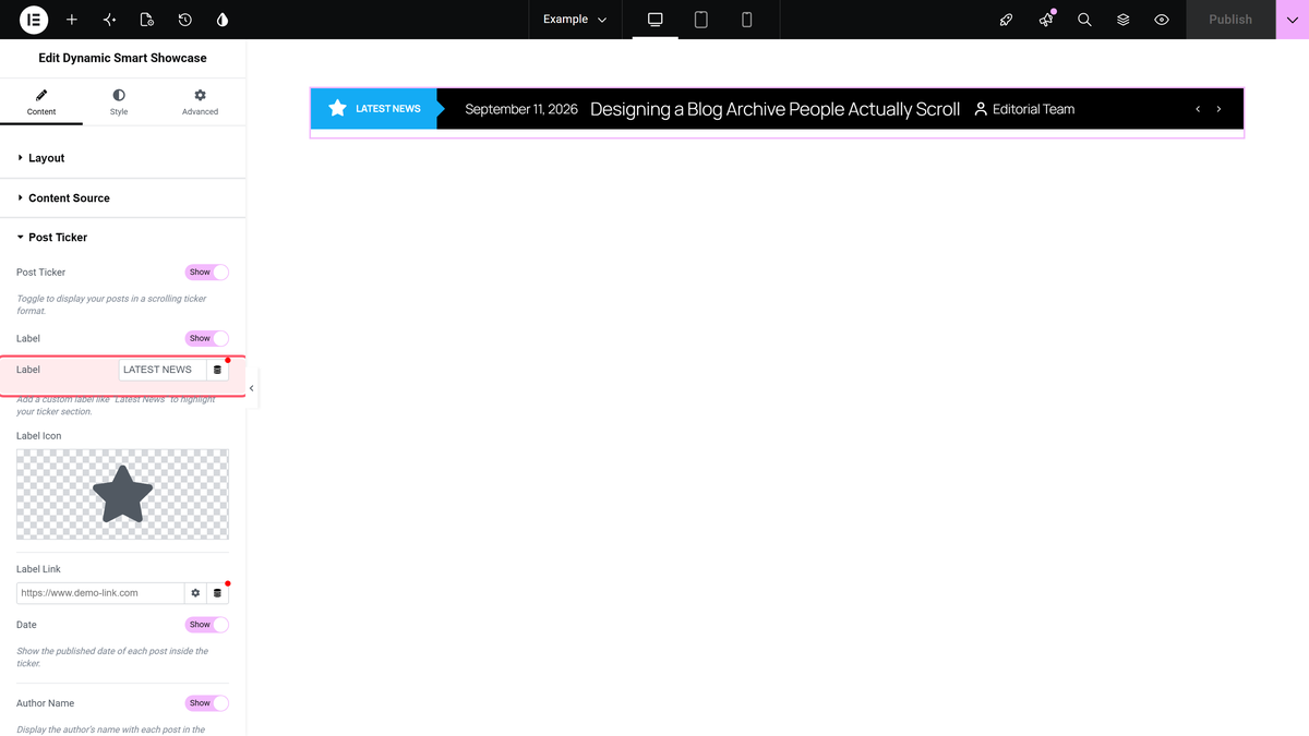 How to Create a News Ticker in Elementor From Any Posts? Label text field in the post ticker section set to latest news
