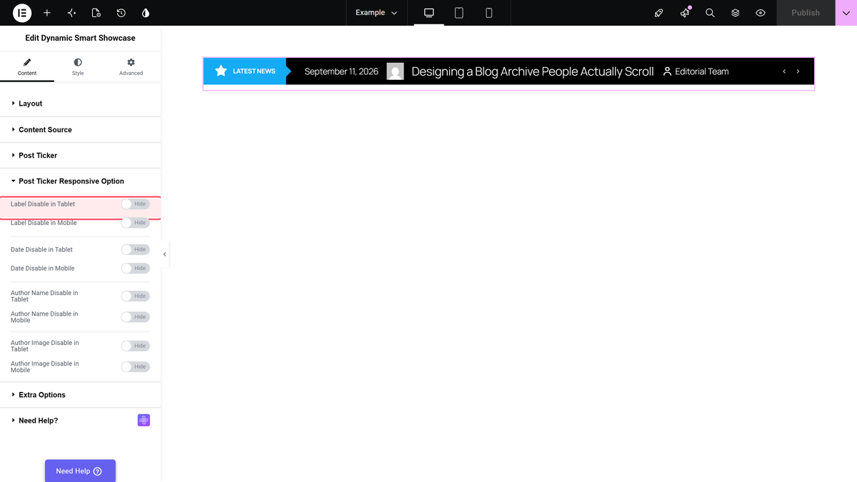 How to Create a News Ticker in Elementor From Any Posts? Post ticker responsive option section with the label disable in tablet switch