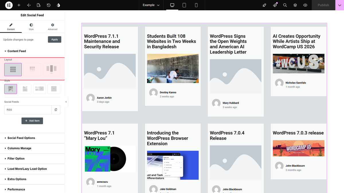 The content feed section with layout, style and the social feeds repeater.