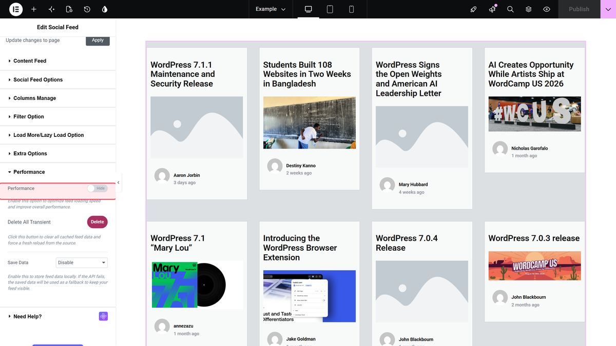 The performance section: the performance switch, the delete button and save data.
