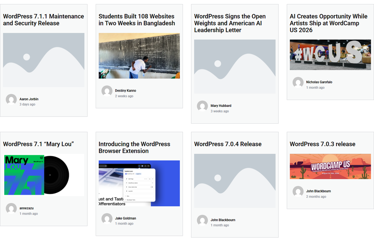 Eight posts from a public wordpress. Org rss feed, four to a row, each with title, author and a relative time.