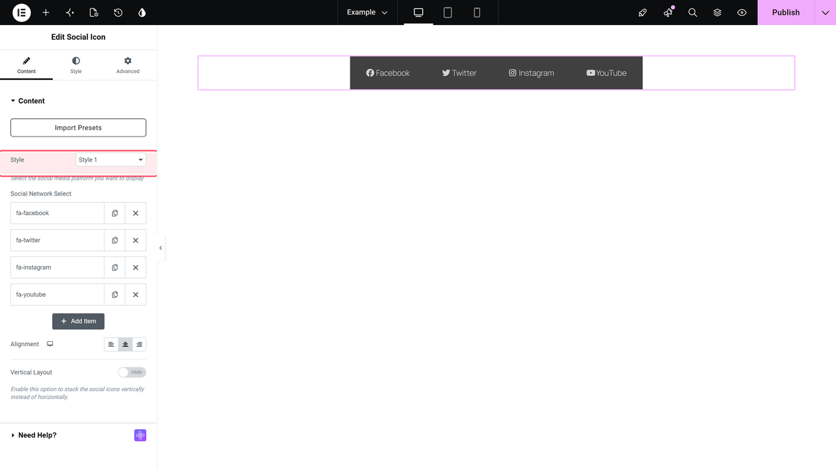 The social icon widget's content section with the style dropdown.