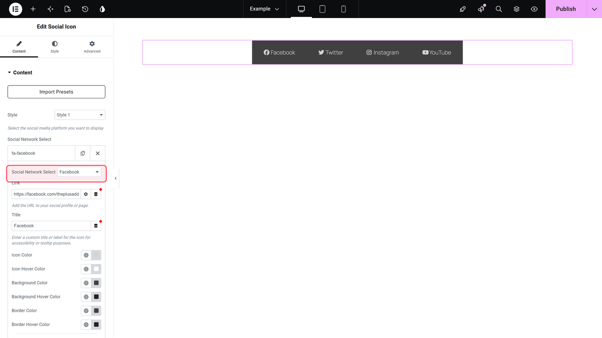 A social network select row with the network dropdown open.