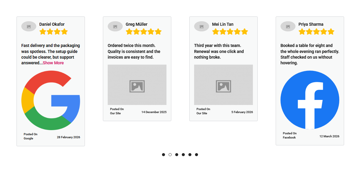 The carousel layout: four reviews visible at once, six dots below.