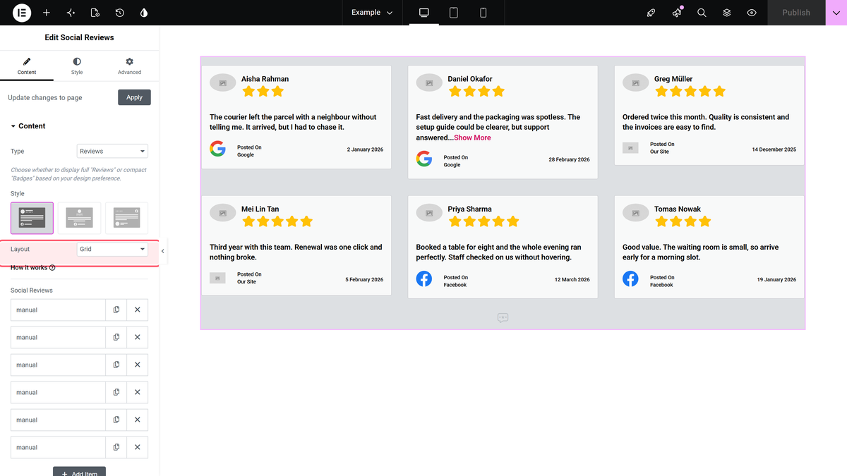 The content section: type, style and the layout dropdown.