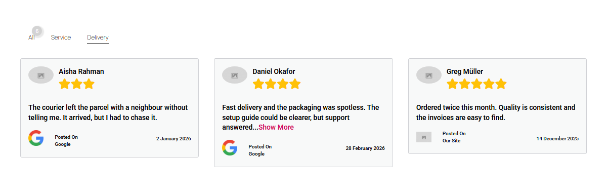 After clicking delivery, only the three delivery reviews remain.