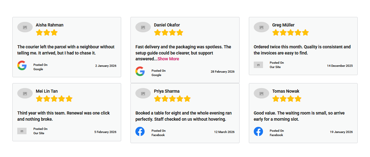 Six manual reviews in the grid layout, three per row.