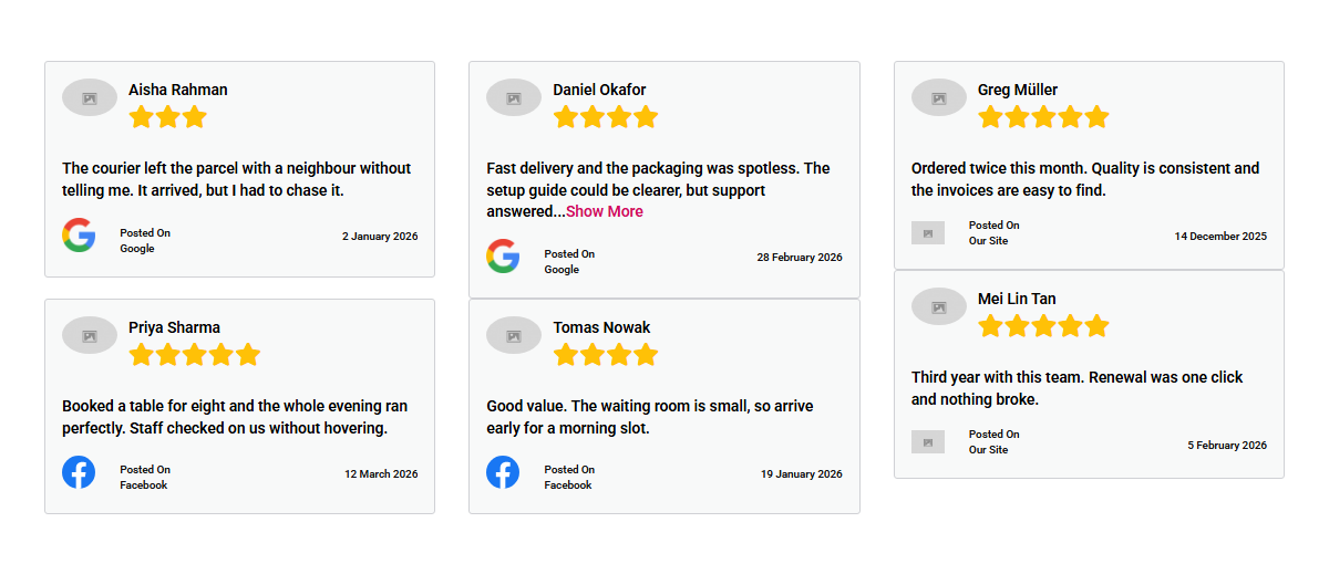 The same six reviews in the masonry layout.