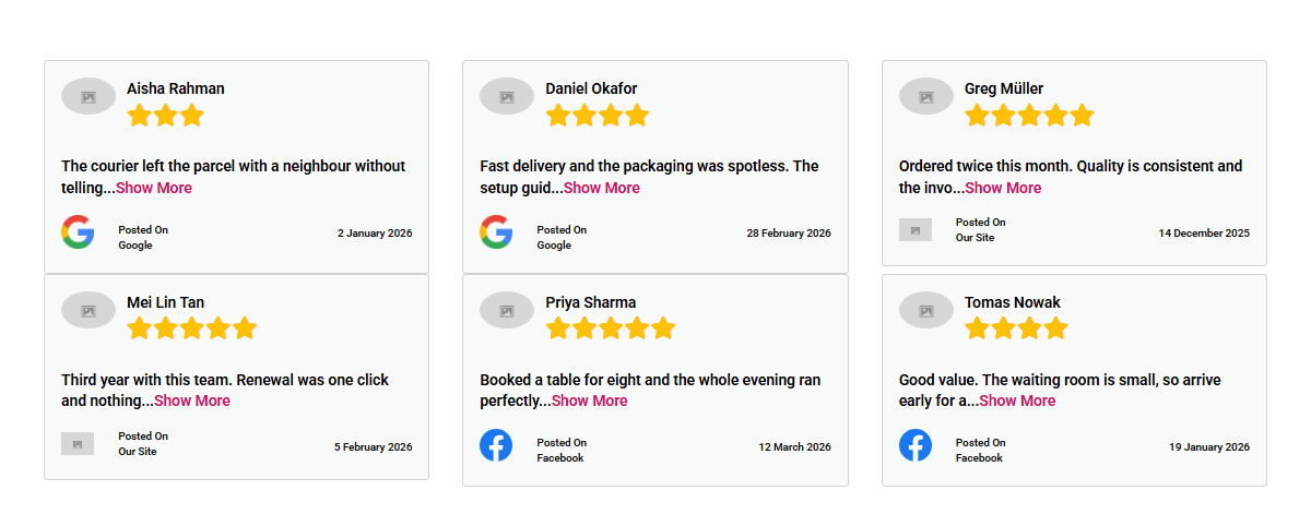 Text limit is on by default, so a long review ends in a show more link.