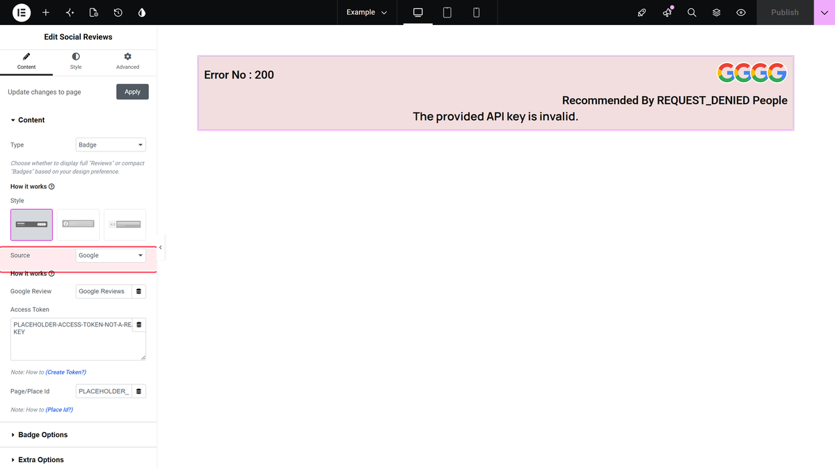 How to Add Google Reviews in Elementor? The source dropdown inside a social reviews row.